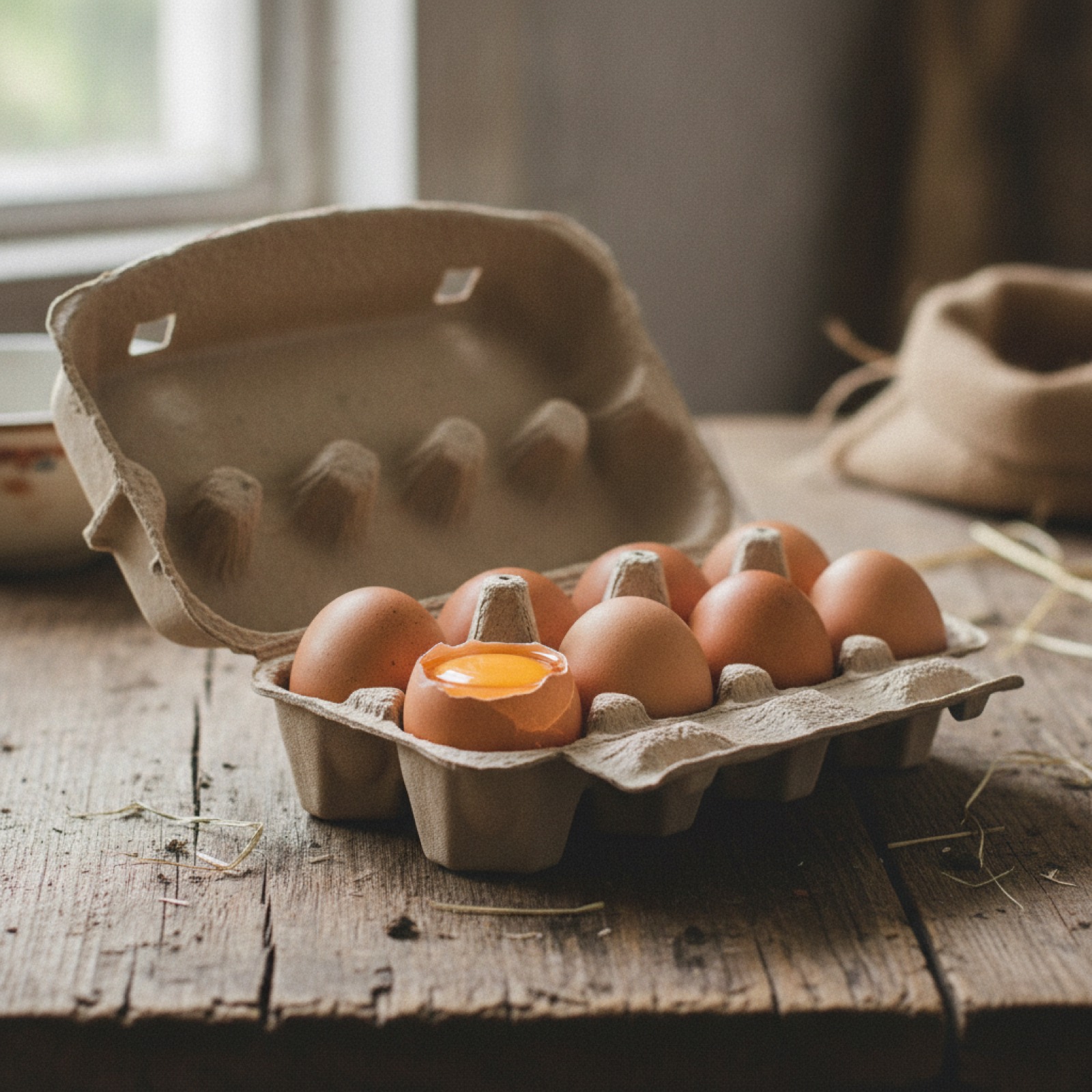 A carton of a dozen fresh brown free range eggs