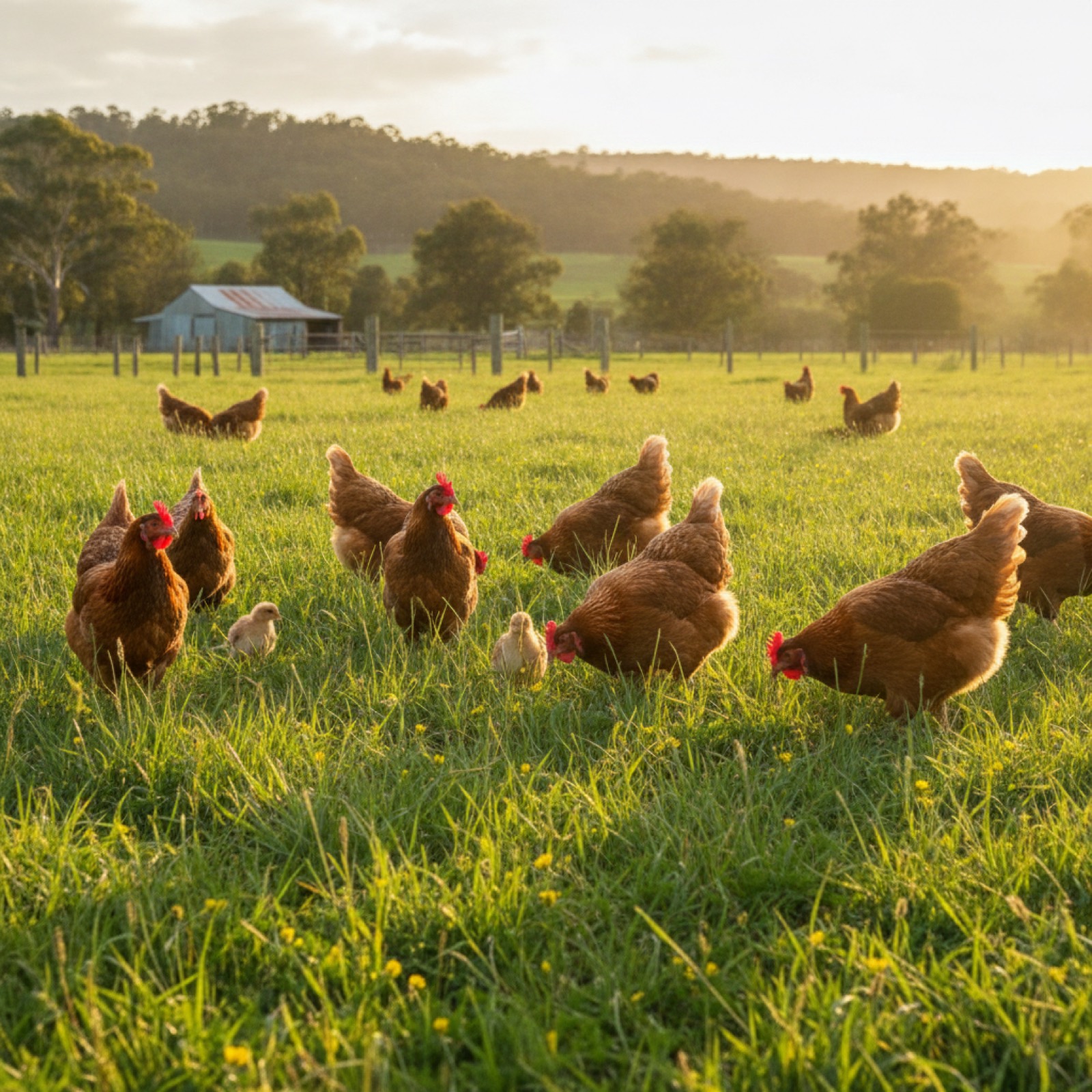 Free range chickens on green grass in the sunshine