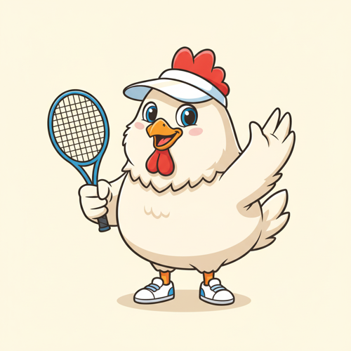 Cartoon chicken wearing a tennis visor and holding a racquet